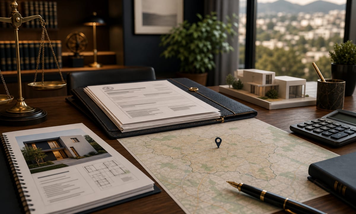 Expediente de remate judicial, mapa de Guanajuato y analisis inmobiliario sobre una mesa de asesoria