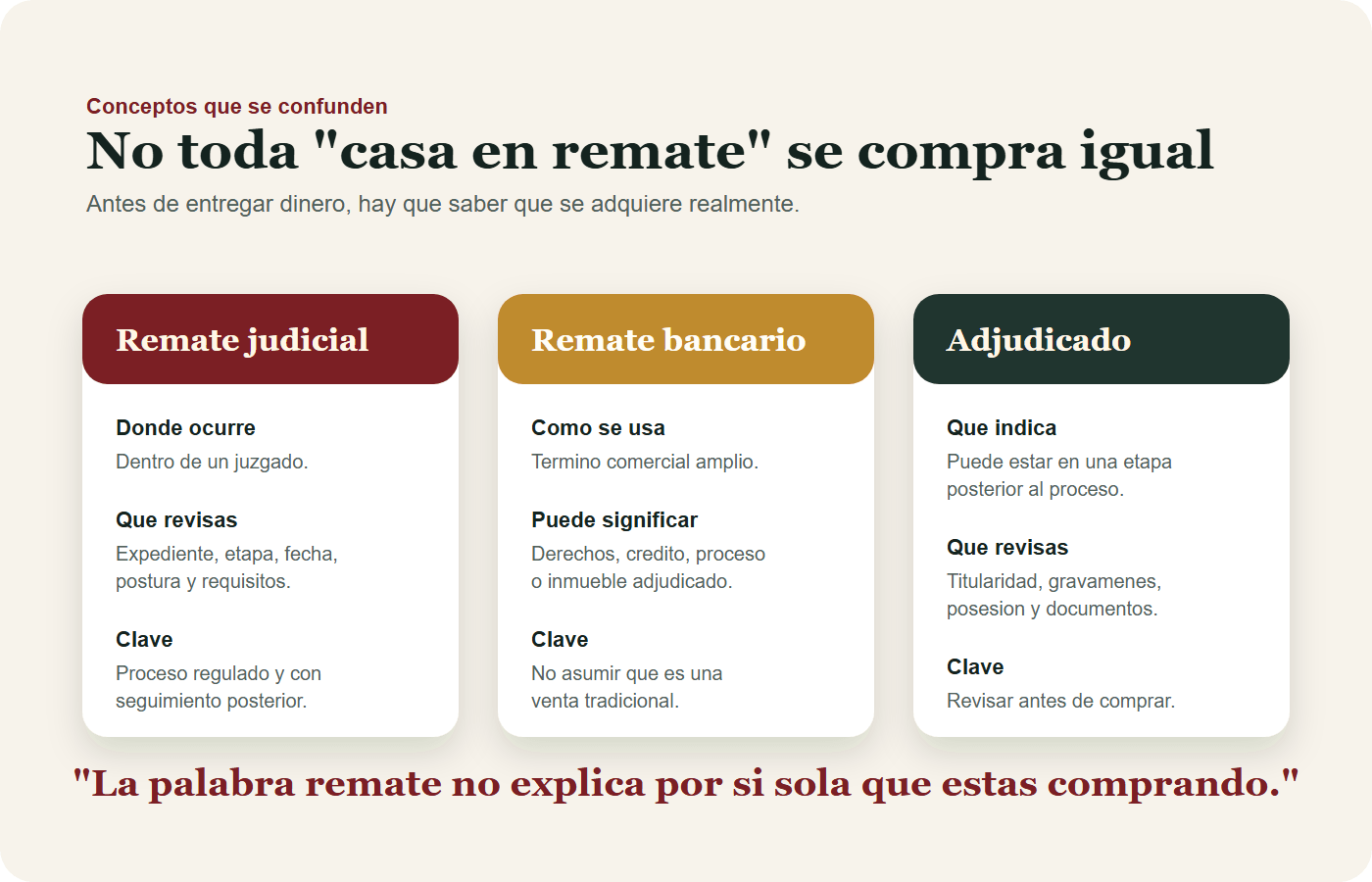 Comparativo entre remate judicial, remate bancario e inmueble adjudicado al buscar casas en remate