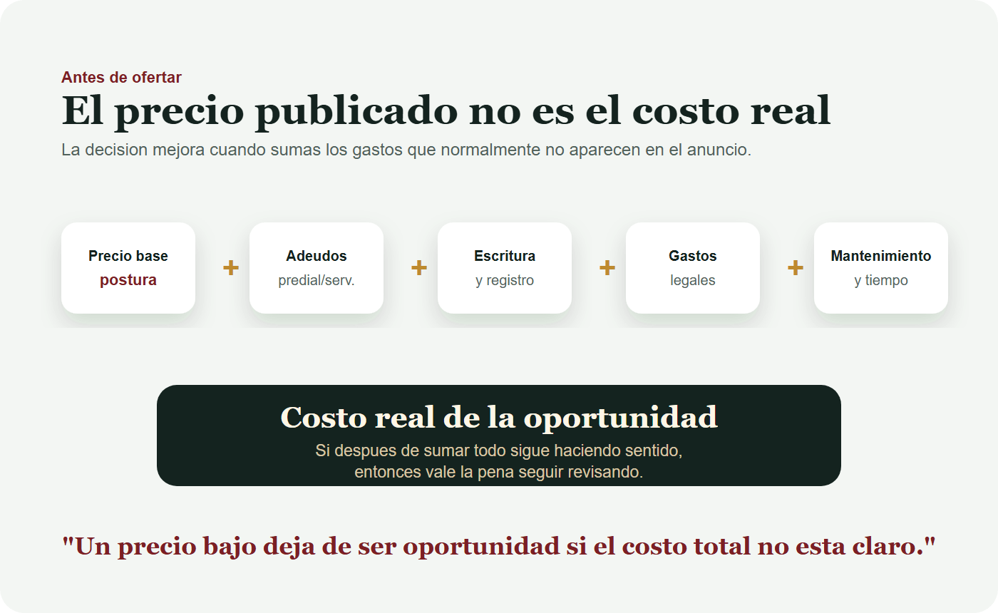 Diagrama del costo real de una casa en remate con postura, adeudos, escritura, gastos legales, mantenimiento y tiempo