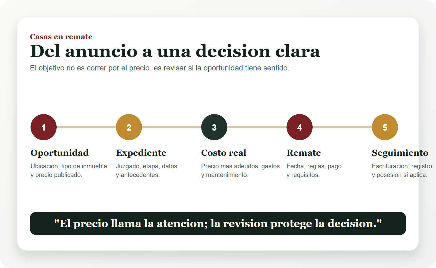 Diagrama para evaluar casas en remate desde oportunidad, expediente, costo real, remate y seguimiento