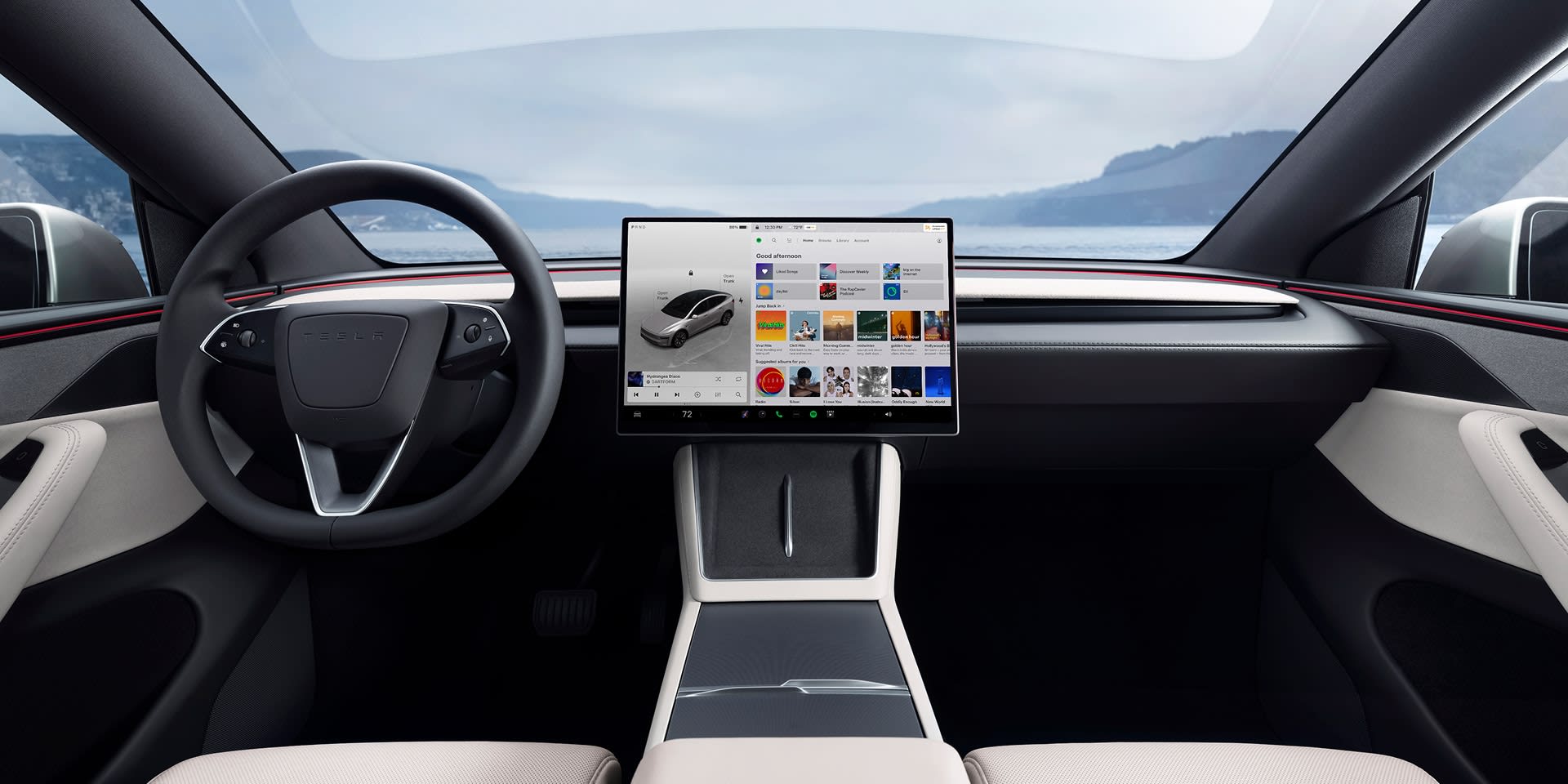 A close-up shot of second row inside Model Y L.