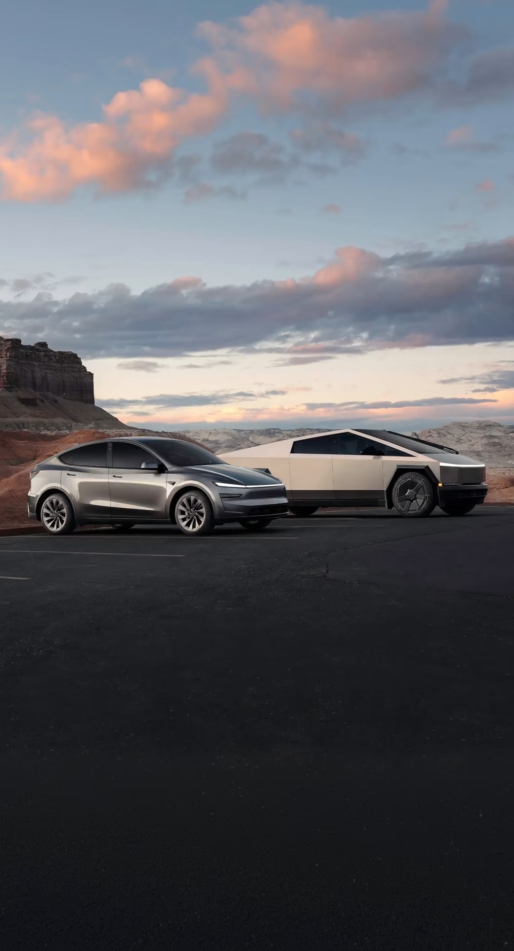 Model Y and Cybertruck parked mountain-side.