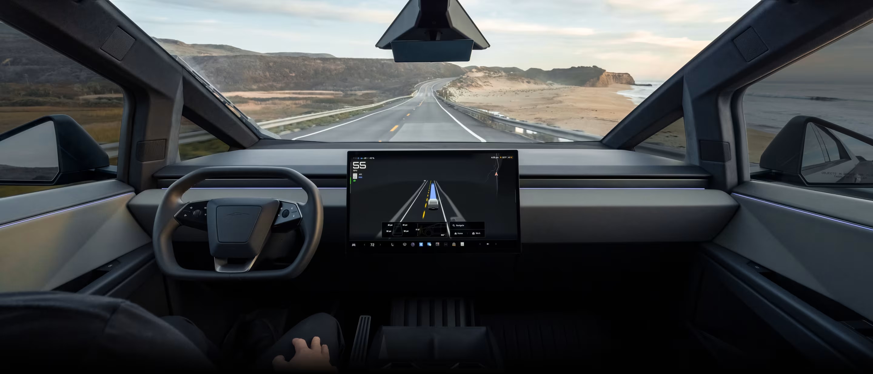 Interior view of vehicle driving with FSD (Supervised)