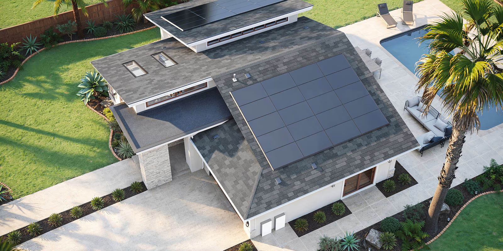 Bird's-eye view of Tesla Solar Panels installed on a roof.