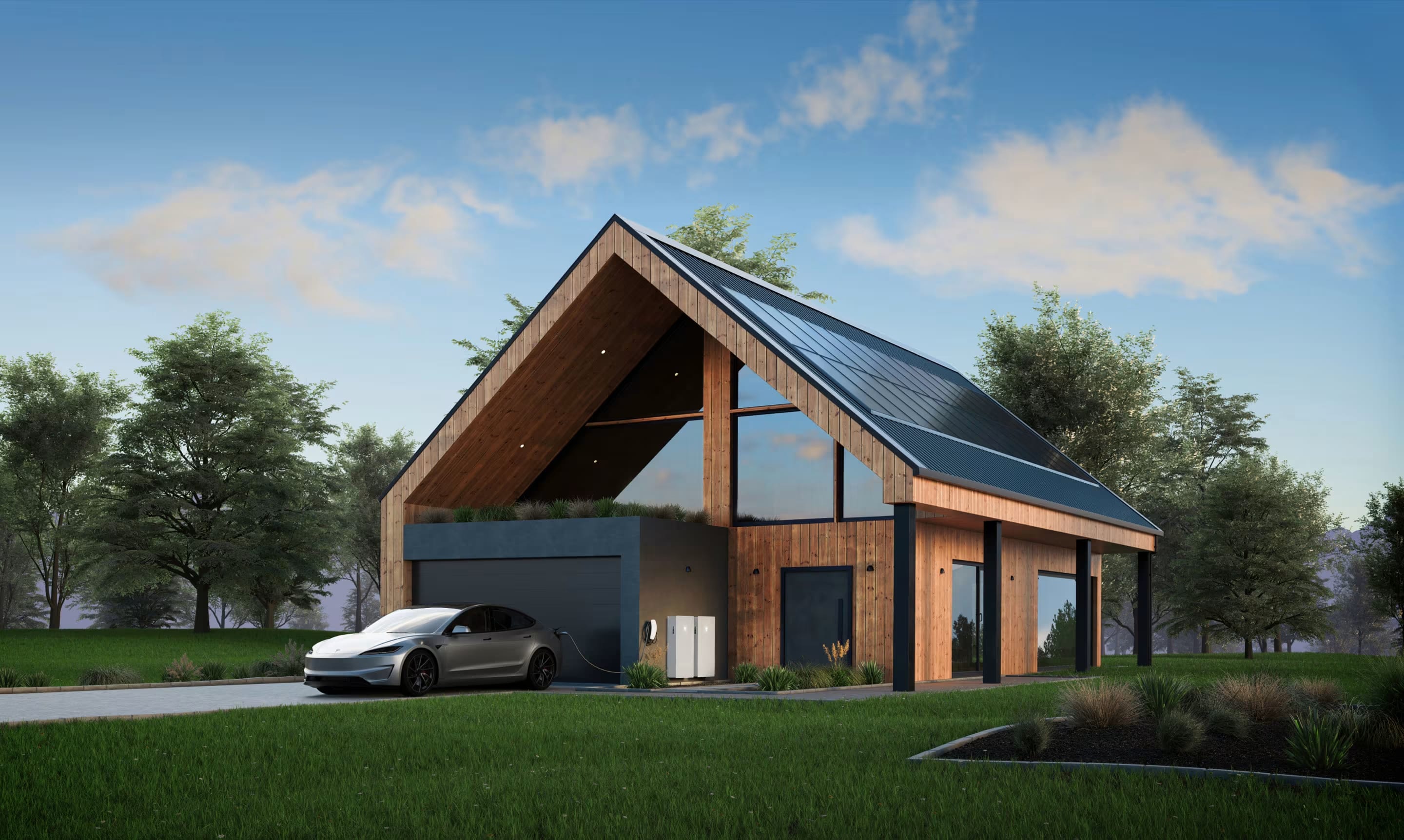 View of a home with solar panels on a roof, Powerwalls and a Tesla vehicle that is parked in the driveway, charging from a Wall Connector