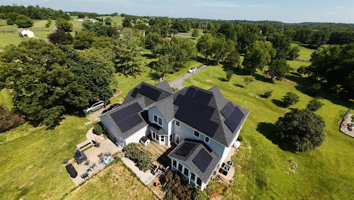 aerial view of roof with solar panels installed
