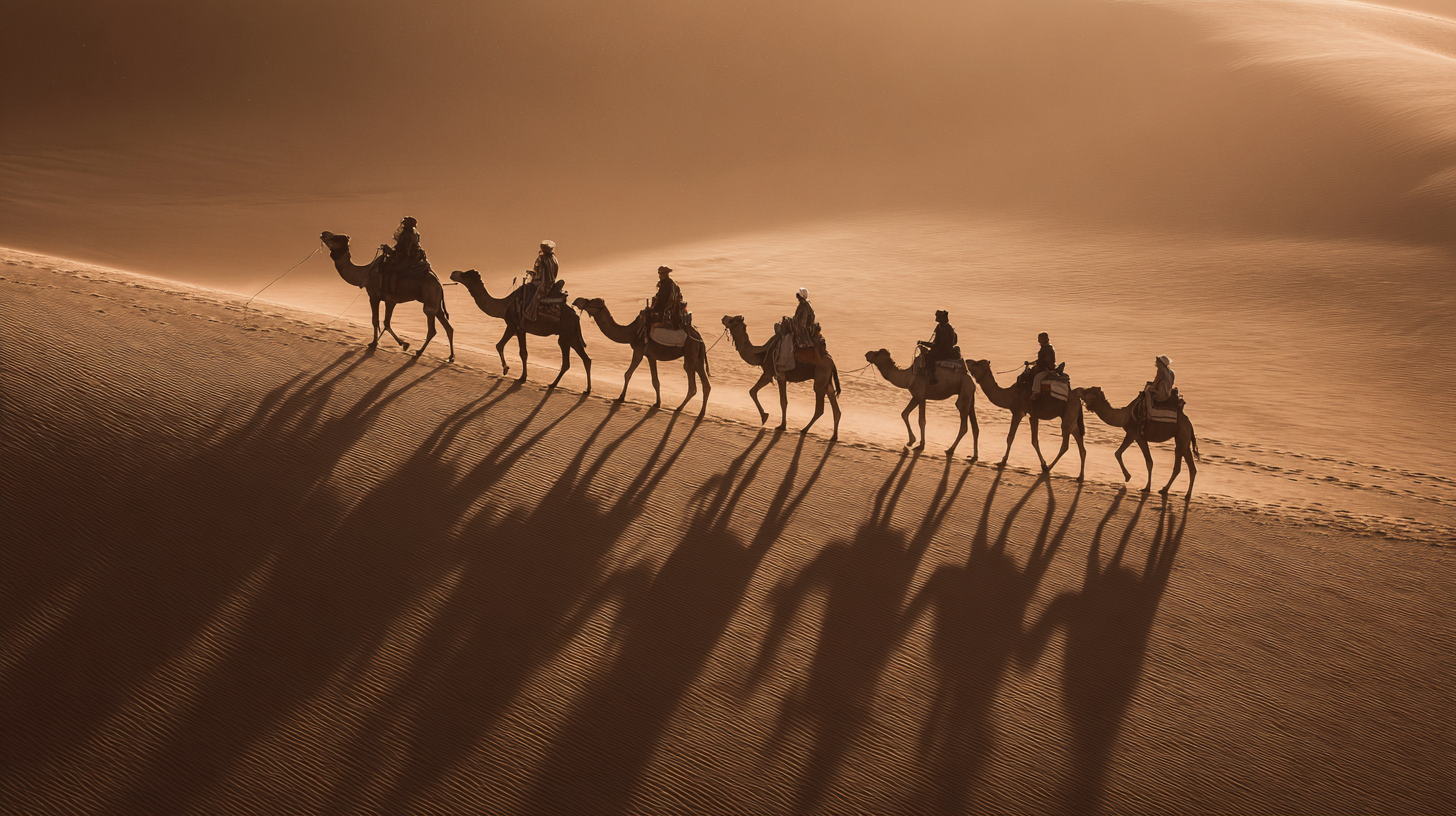 Camel caravan crossing Saharan dunes