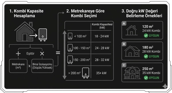 Kombi kapasite hesaplama, metrekareye göre kombi seçimi ve doğru kW değeri belirleme örnekleri