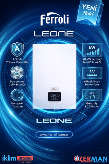 Ferroli Leone 20 kW tam yoğuşmalı kombi; kompakt beyaz gövde, dijital LCD ekran, modern mutfak tasarımıyla uyumlu ergonomik yapı ve yüksek verimli eşanjör sistemi- iklim uzmanı.