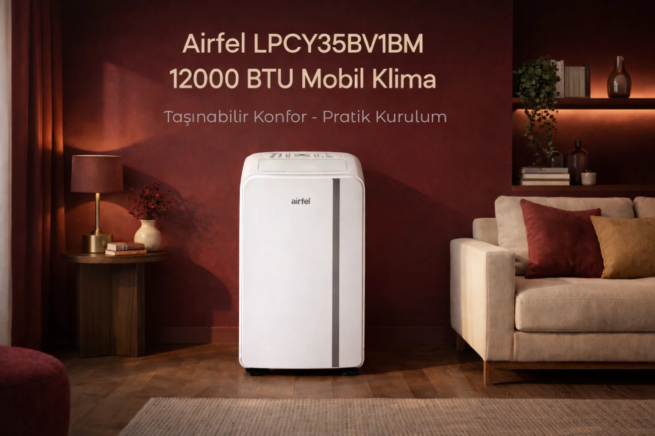 Airfel LPCY35BV1BM 12000 BTU Mobil Klima; tekerlekli taşınabilir gövde, beyaz modern tasarım, LED kontrol paneli ve pencere kiti bağlantı hortumu ile oda içerisinde kurulumu.