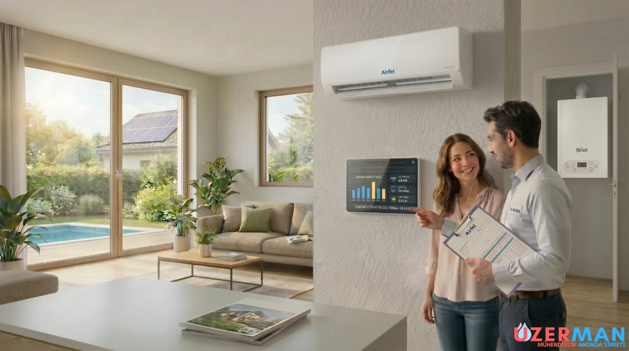 Enerji tasarrufu sağlayan klima ve kombi kullanımı, doğru sıcaklık ayarı, bakım yapılan iklimlendirme sistemleri ve verimli ev enerji yönetimi görseli
