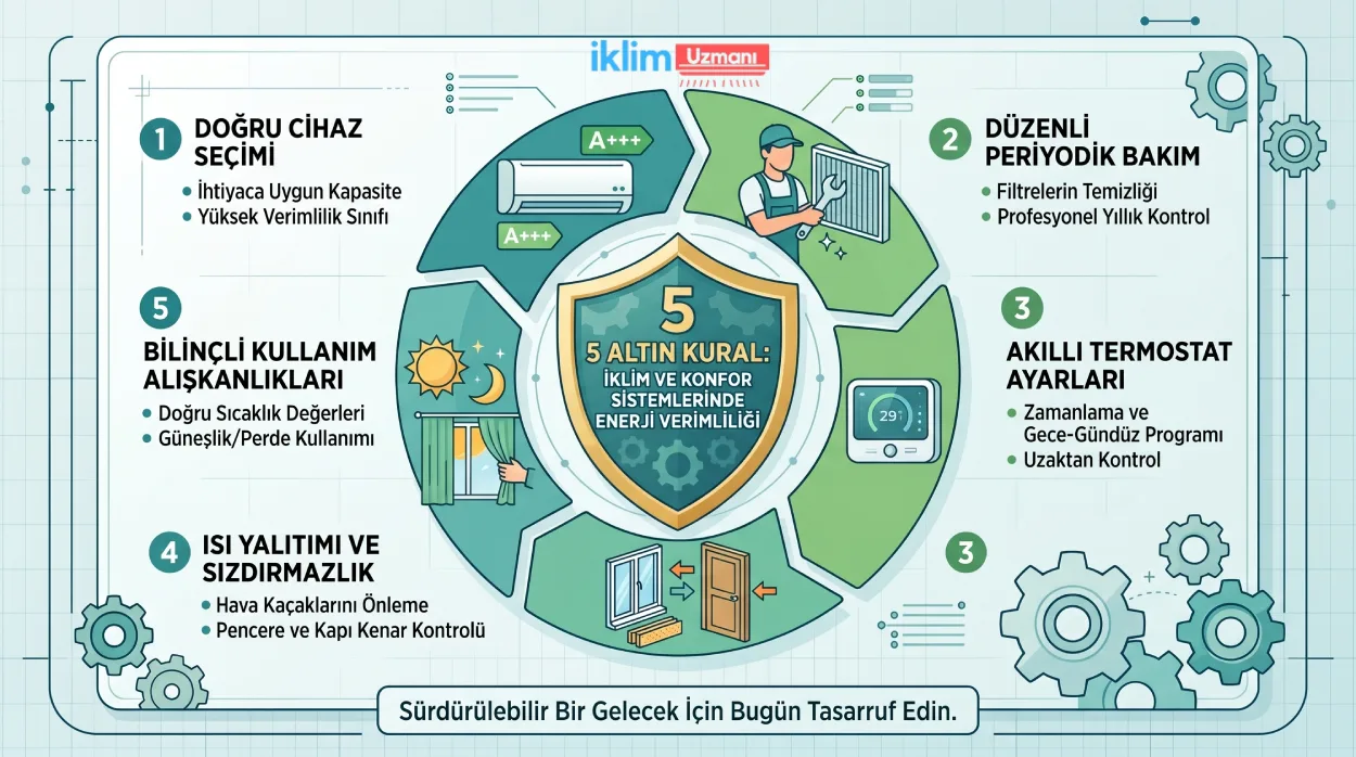 Enerji tasarrufu için modern evde kullanılan klima ve iklimlendirme sistemleri, verimli enerji kullanımı, düşük tüketim sağlayan cihazlar ve sürdürülebilir yaşam alanı görseli