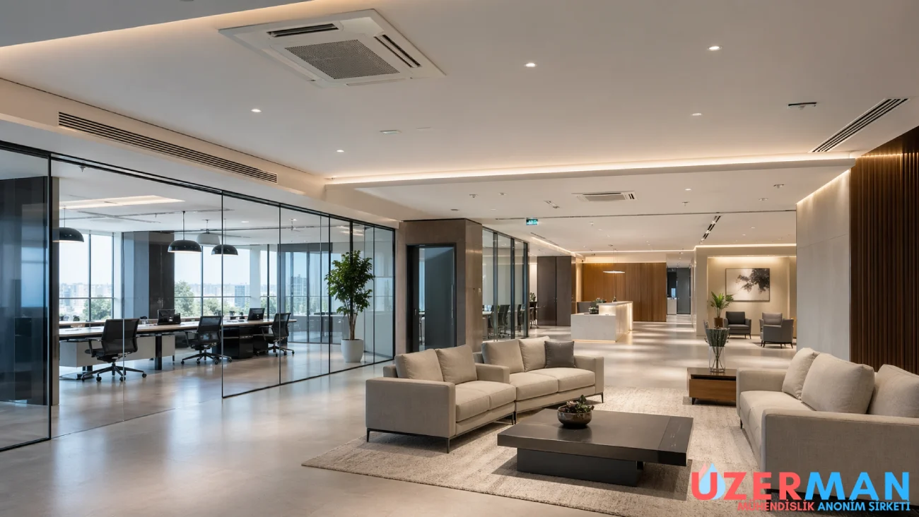 Modern ofis ve ticari projede VRF iç ünite sistemi, kaset tipi klima uygulaması, merkezi iklimlendirme çözümü ve enerji verimli değişken debili soğutucu akışkan altyapısı