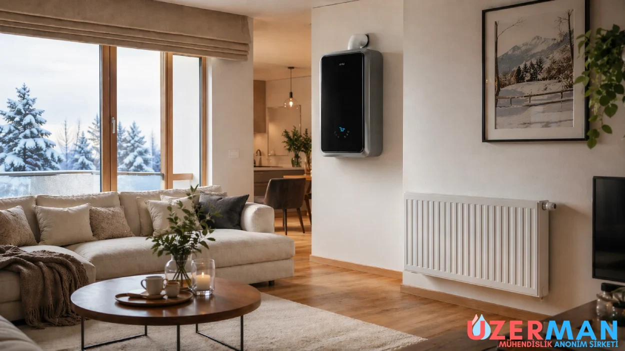 Modern evde yoğuşmalı kombi kullanımı, dengeli ısınma, düşük doğalgaz tüketimi, enerji verimliliği ve konfor sağlayan yeni nesil kombi sistemi görseli