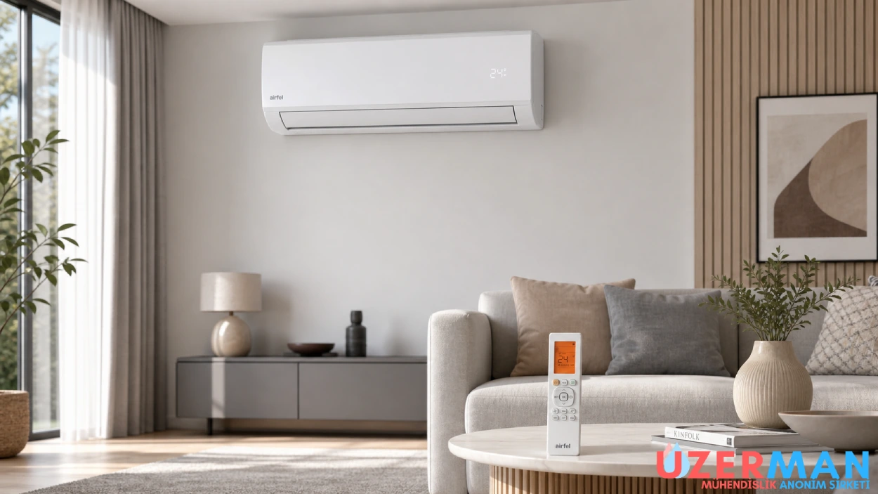 Airfel klima kumanda kullanımı, Airfel klima kumandası ile soğutma ve ısıtma ayarı, modern duvar tipi Airfel klima ve kumanda kontrolü görseli