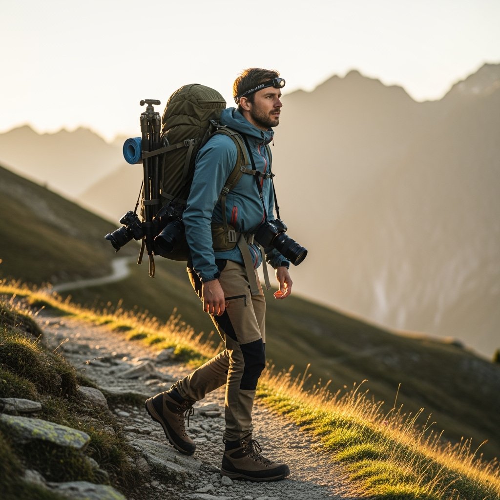 Landscape photographer with gear in the mountains