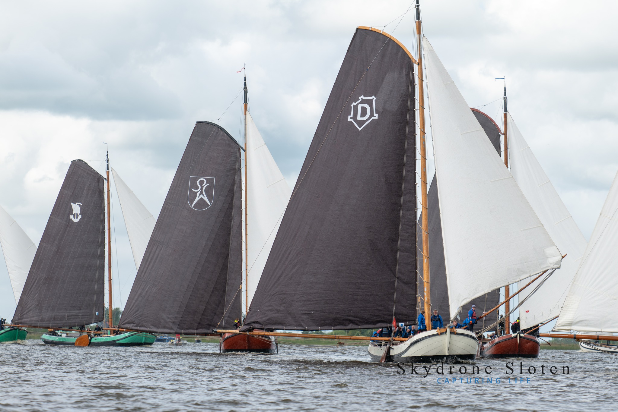 Traditionele houten zeilboten met donkere zeilen en heraldische emblemen varen dicht bij elkaar tijdens een regatta op een Fries binnenwater.