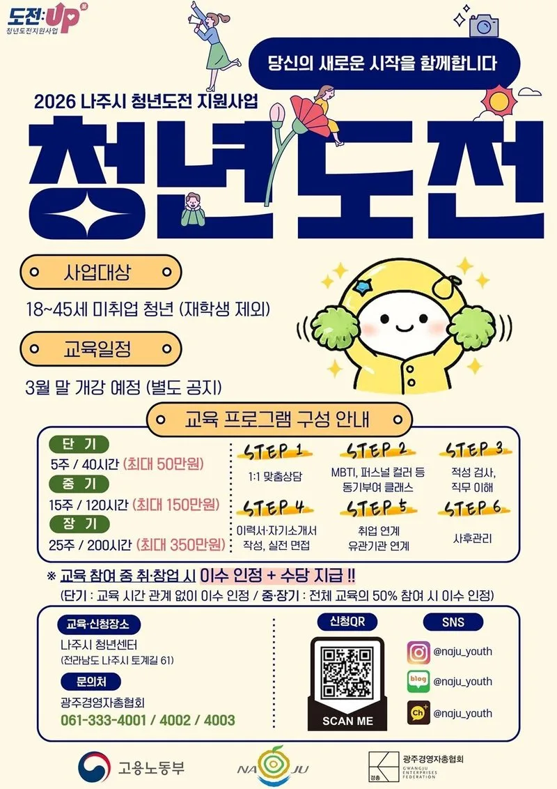 나주시, '청년도전지원사업' 참여자 모집...교육비 전액 지원, 최대 300만원 혜택