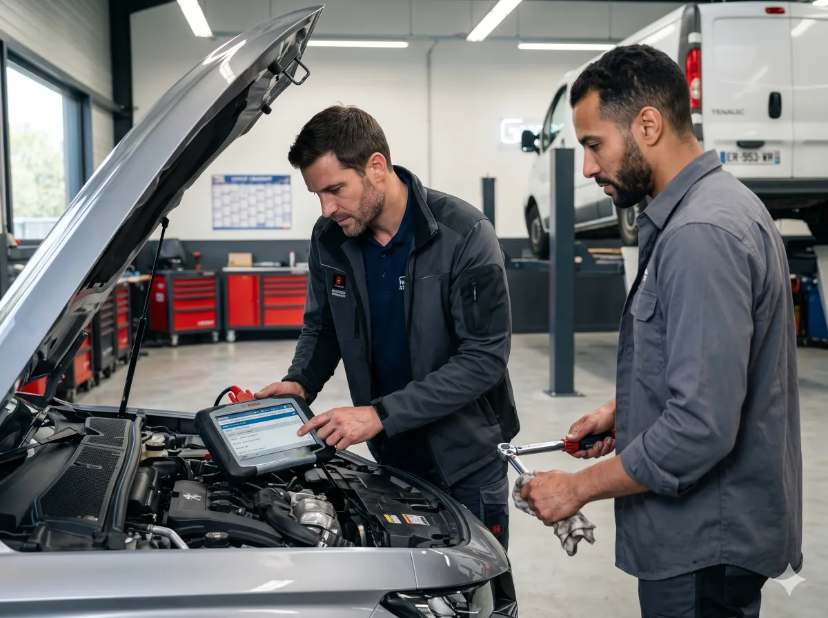Chef d'atelier d'un garage automobile au téléphone, entouré de véhicules en réparation