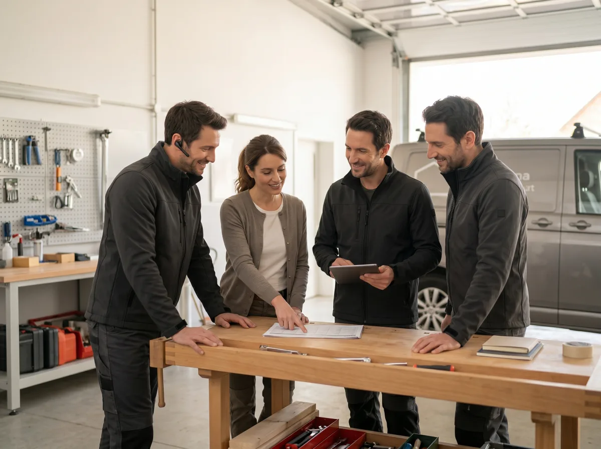 Équipe d'artisans sereine dans son atelier, le téléphone est géré pour eux