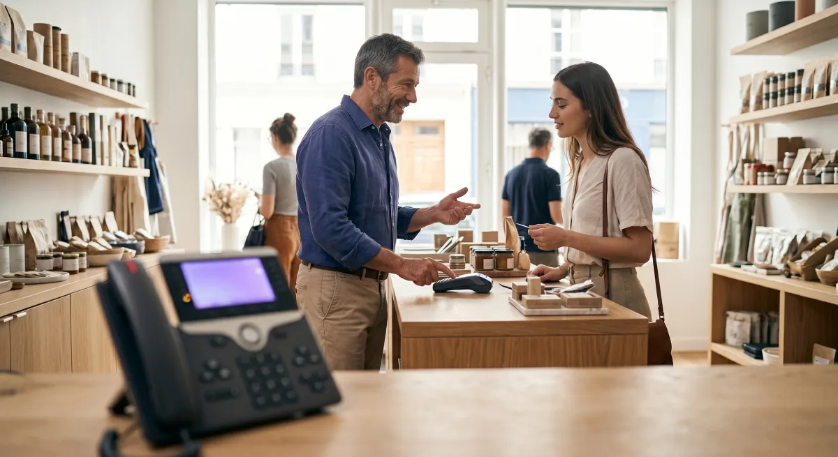 Un commerçant occupé avec un client tandis que le téléphone de la boutique sonne dans le vide