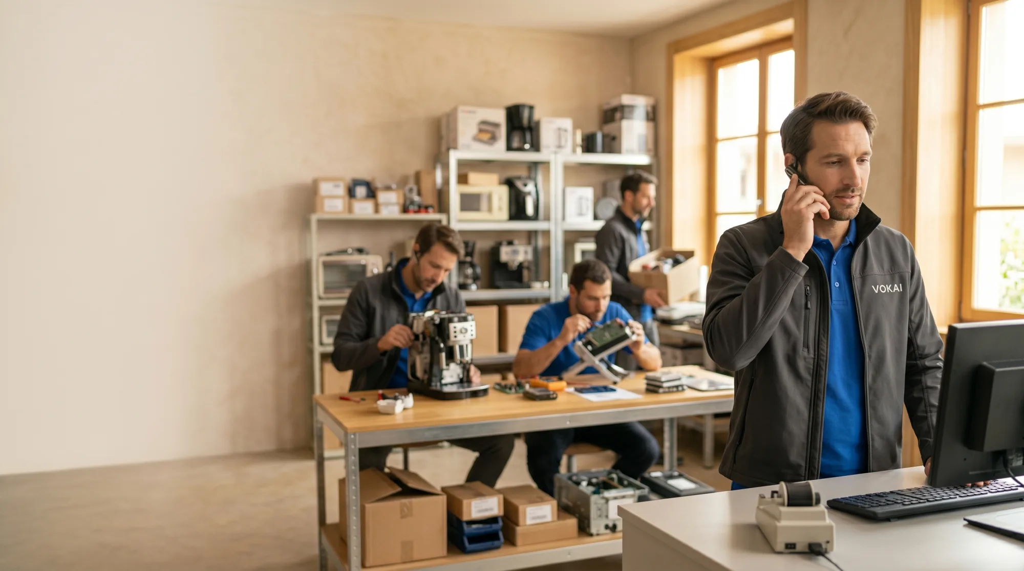 Atelier de service après-vente : un agent prend les appels au standard pendant que l'équipe répare et gère le stock