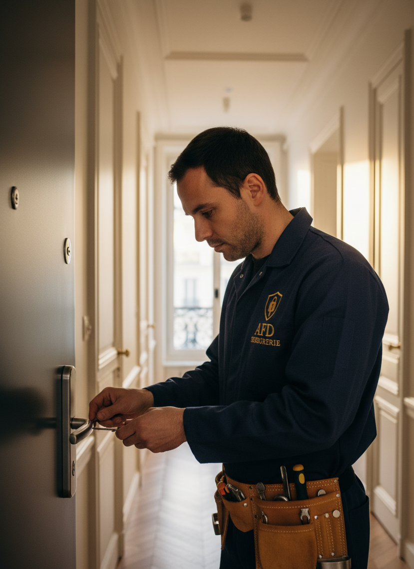 Serrurier professionnel AFD Paris installant serrure haute sécurité - dépannage 24/7 urgence