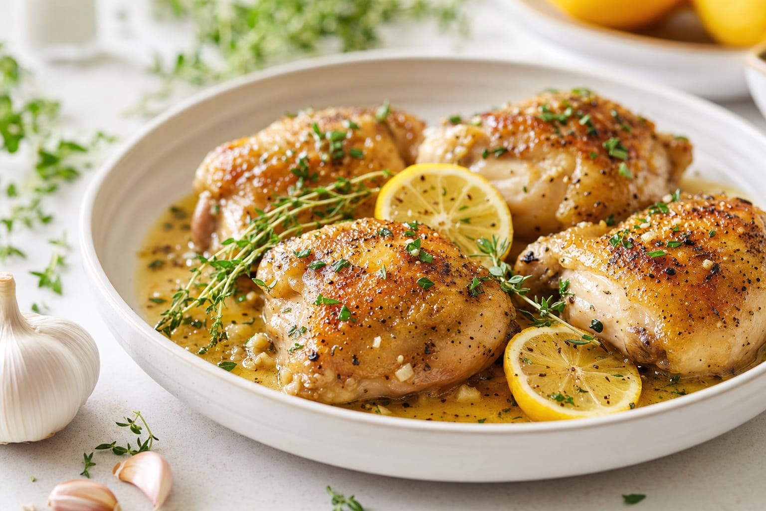 Golden chicken thighs with lemon slices and herbs on a plate