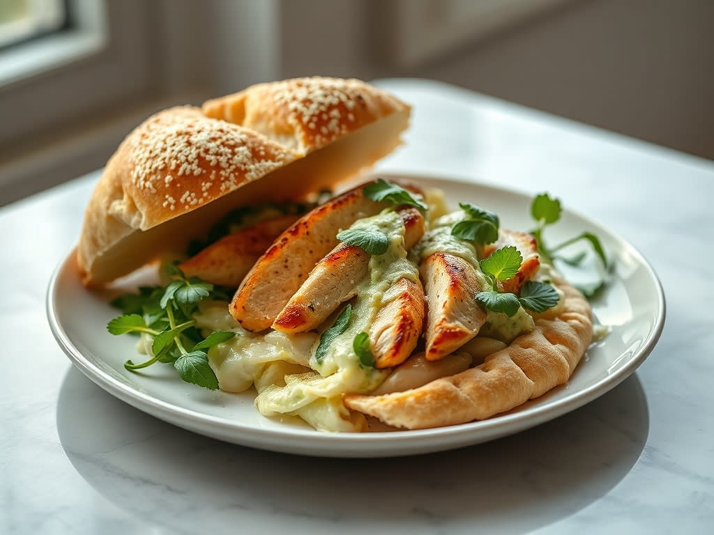 Pita Bread with Rotisserie Chicken and Creamy Pesto Arugula Sauce