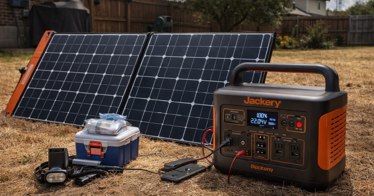Portable power station with solar panel for grid-down emergency