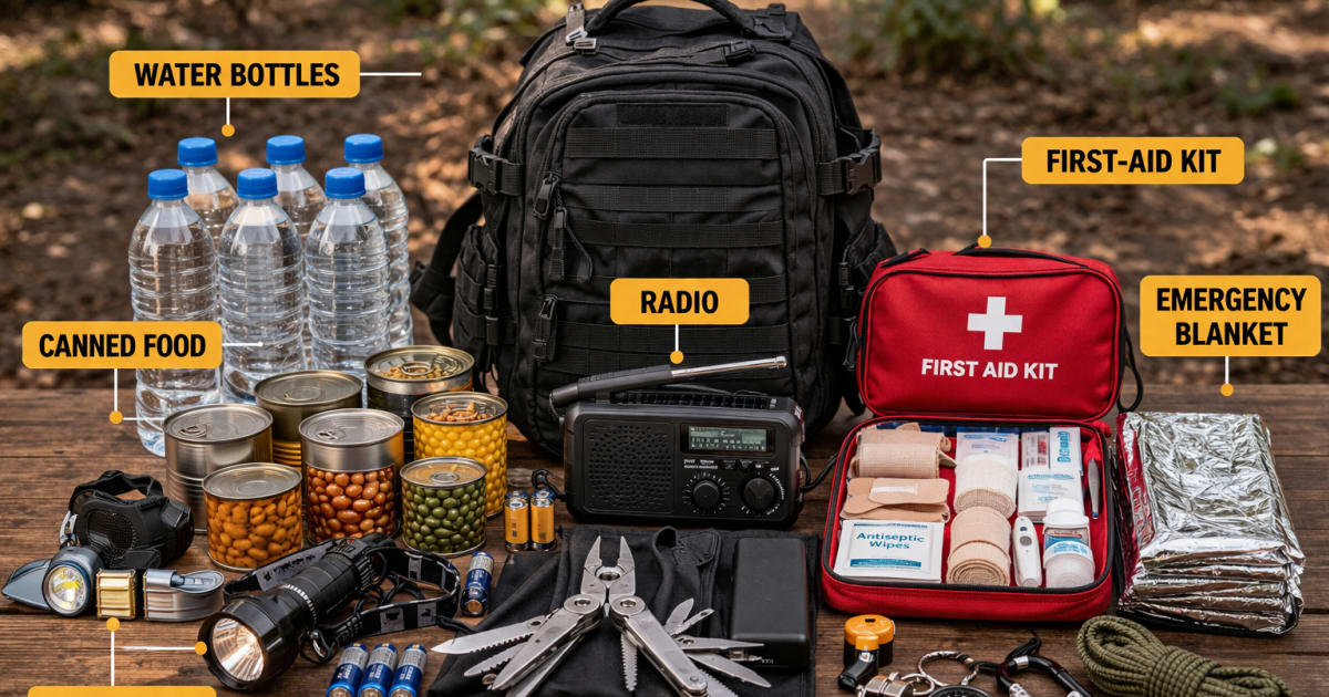 Key items for a bug-out bag including water bottles, canned food, flashlight, radio, first-aid kit, multi-tool, and emergency blanket
