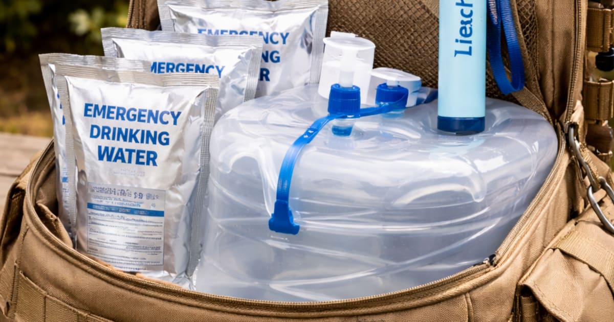 Bug-out bag open with water pouches, collapsible container, and LifeStraw filter visible