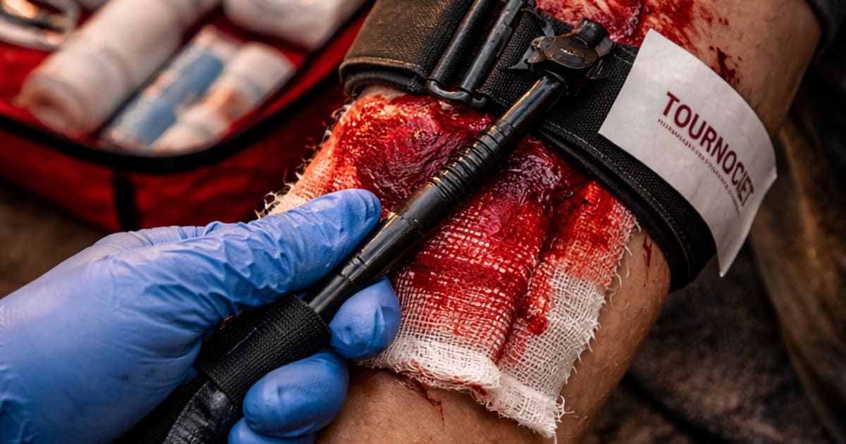 Proper tourniquet application technique on arm for severe bleeding control during emergency