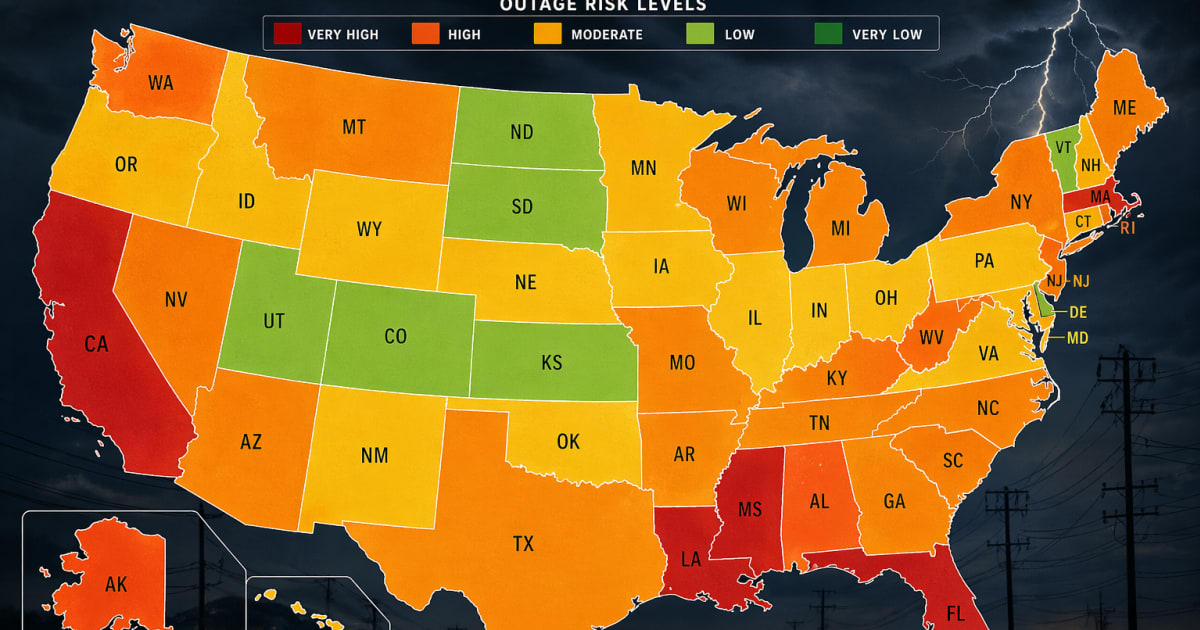 US map showing power outage risk levels by state