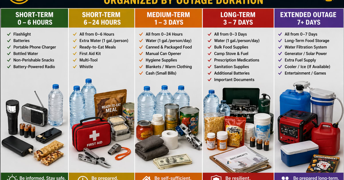 Emergency preparedness supplies organized by outage duration