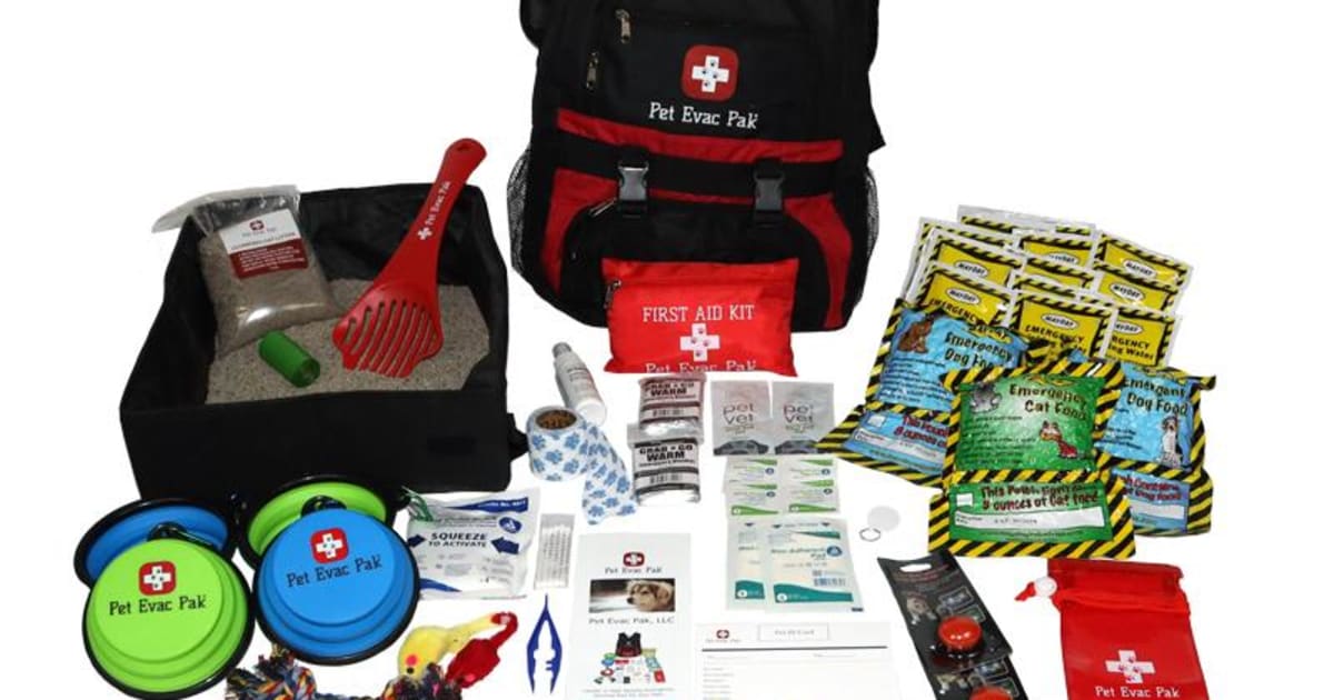 Pet emergency preparedness supplies — carrier, first aid kit, food, GPS tracker, life jacket