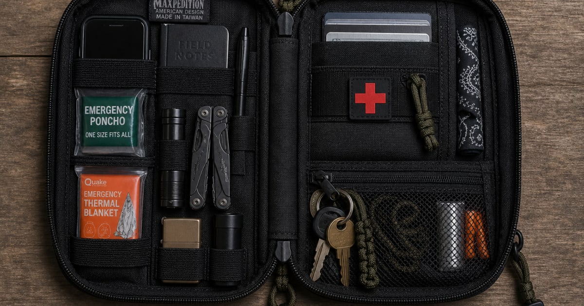 Maxpedition pouch open showing organized EDC contents