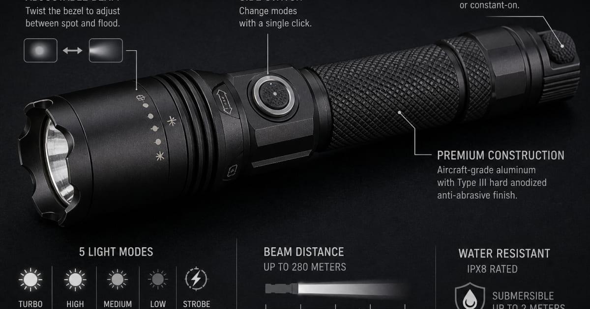 Close up of tactical flashlight features including modes and beam settings on dark background