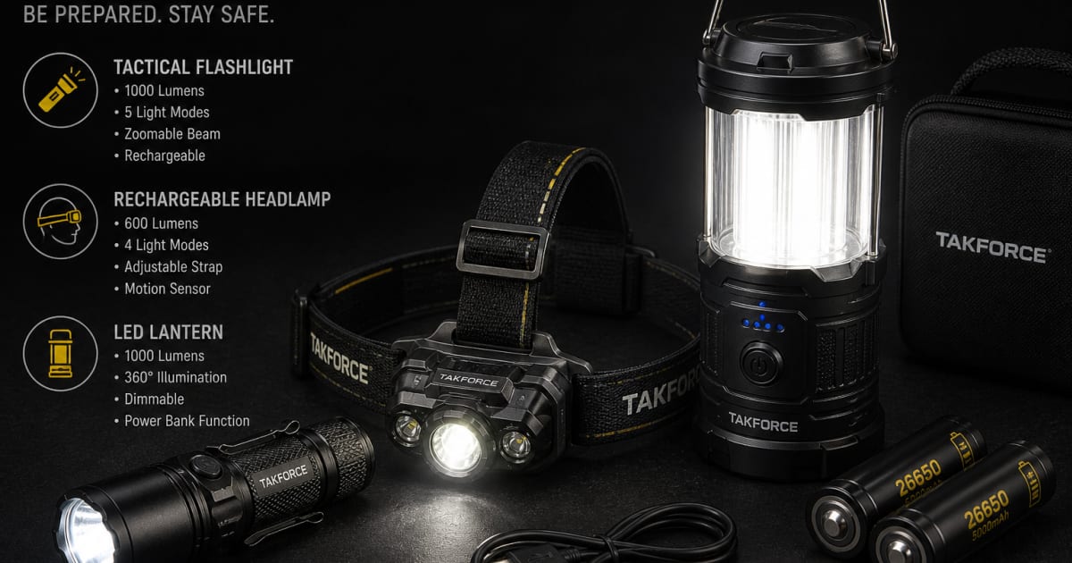 Emergency lighting setup including flashlight headlamp and lantern laid out on dark background