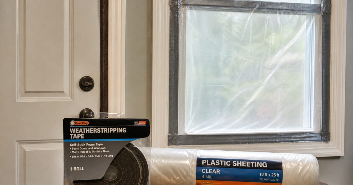 Weatherstripping tape and plastic sheeting for sealing windows and doors during chemical or wildfire shelter in place