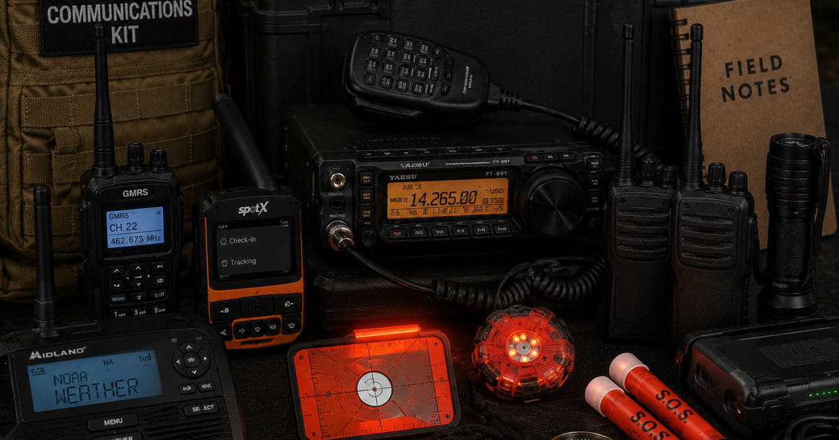 Complete emergency communication kit including radio satellite communicator walkie talkies and signal devices