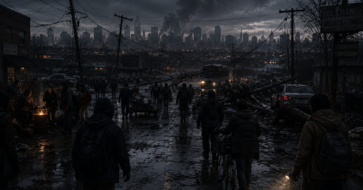 Downed power lines and dark city skyline representing a major grid down power outage event