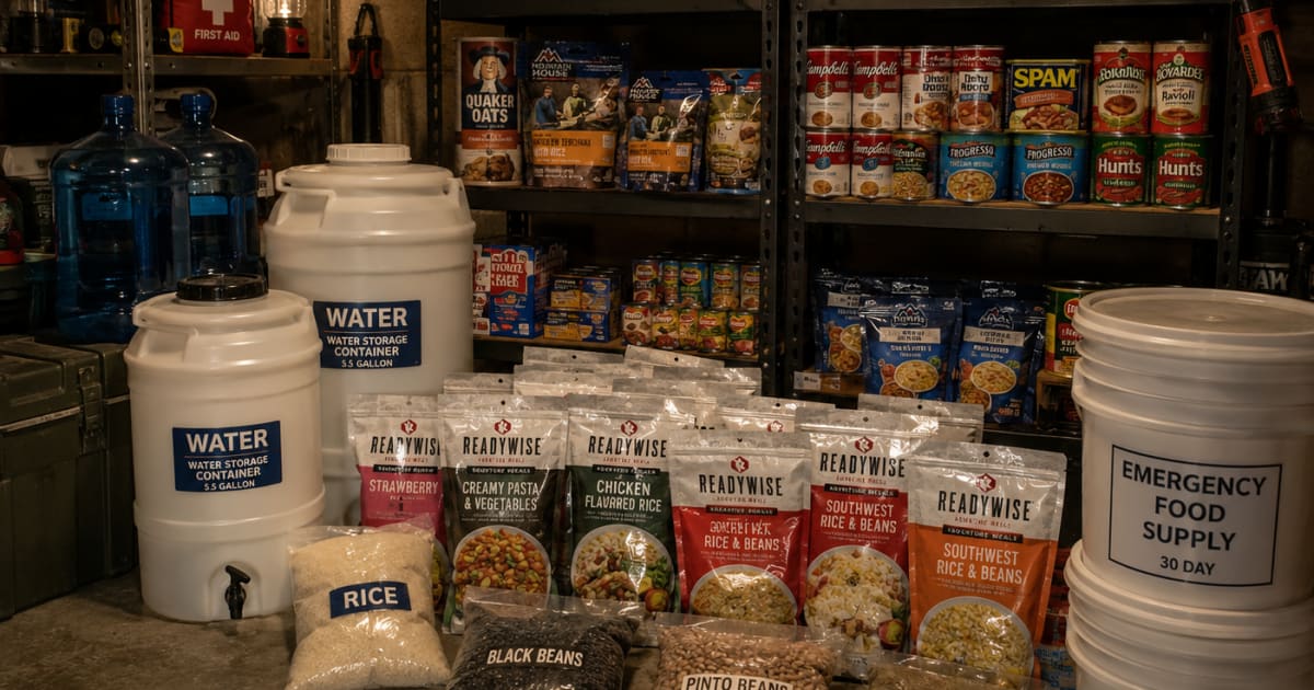 Emergency food storage supplies including freeze dried meals canned goods rice beans and water storage containers