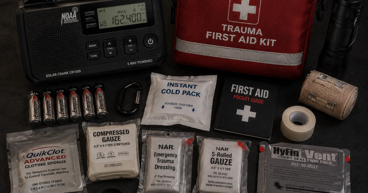 Hand crank NOAA emergency radio and trauma first aid kit laid out on dark surface for grid down communication