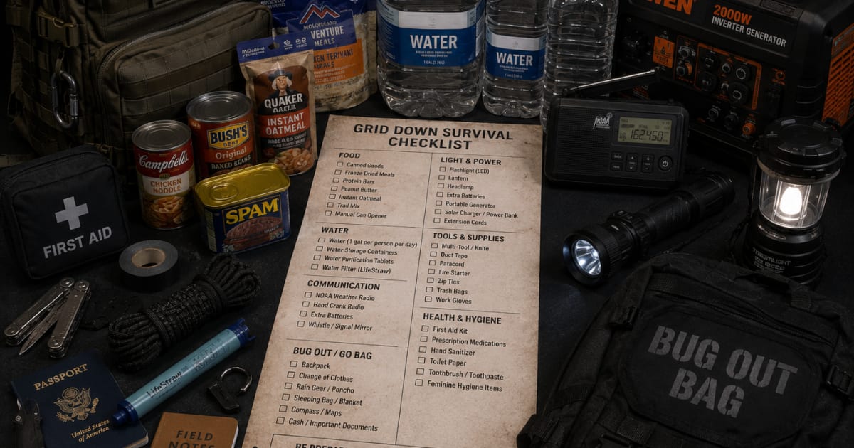 Grid down survival checklist supplies including food water radio flashlight generator and bug out bag organized on dark surface