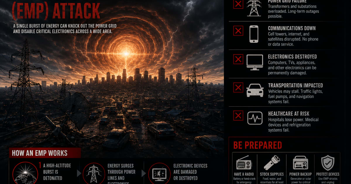 Electromagnetic pulse EMP attack graphic showing power grid disruption and widespread electronics failure