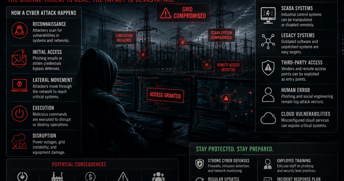 Cyber attack on power grid digital hacking threat graphic showing dark infrastructure vulnerability