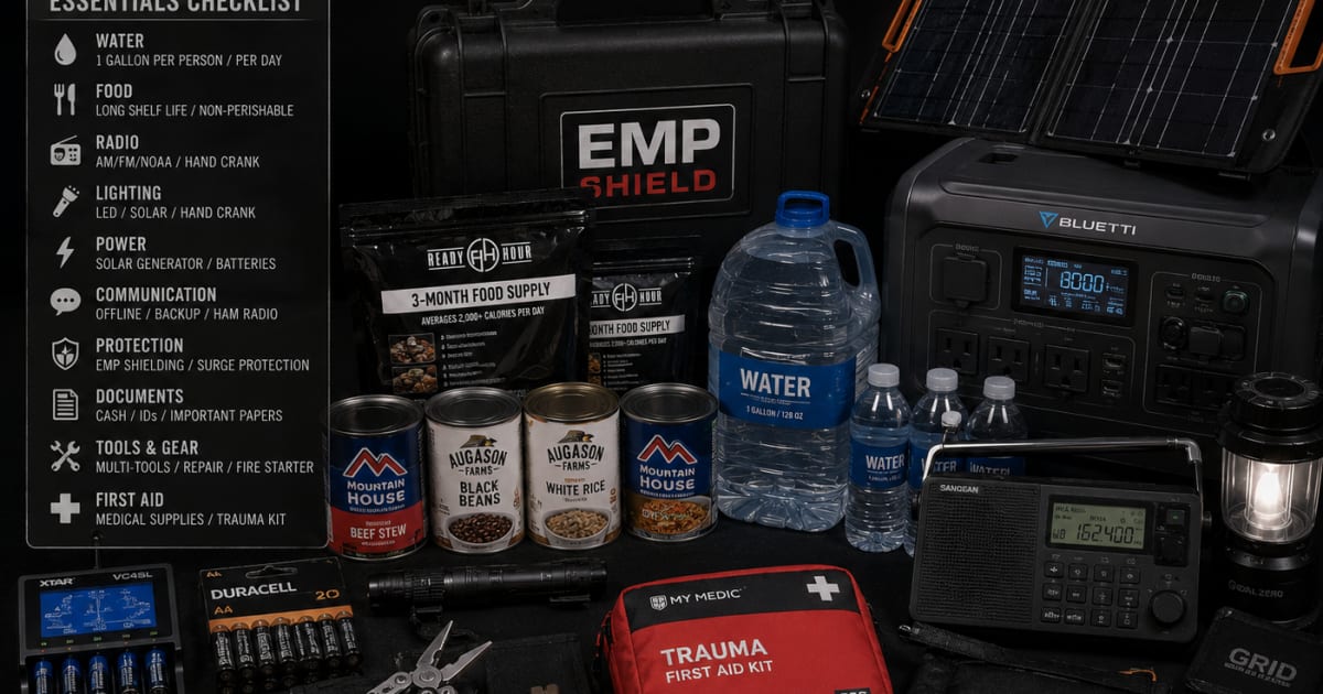 Emergency preparedness supplies for EMP and cyber attack survival including food water radio and solar generator on dark surface