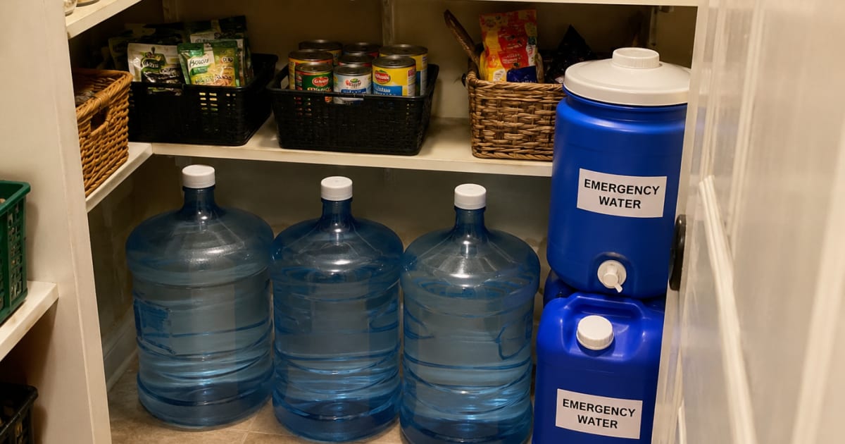 Emergency water storage containers in home pantry