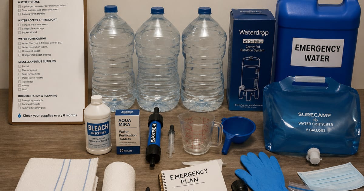 Emergency water checklist supplies laid out